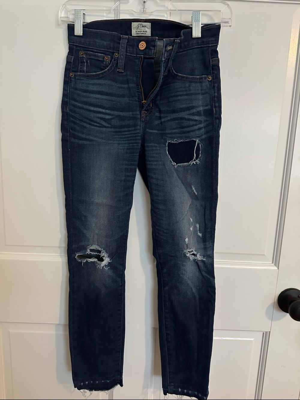 J. Crew Women's Dark Wash Distressed Skinny Jeans - Navy Blue